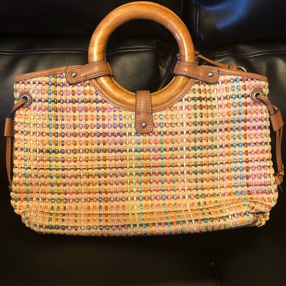 Fossil woven handbag wood handle